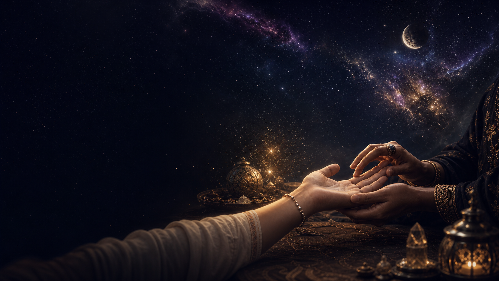 Palm reading beneath a cosmic sky